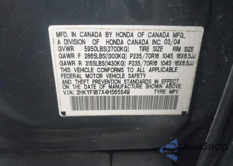 2004 Honda Pilot Ex-L z USA, uszkodzony, nr VIN 2HKYF187X4H565549